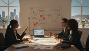 A bright and inviting small business office setting, showcasing various marketing strategies. In the foreground, a diverse group of three professionals, dressed in smart business attire, engaged in a brainstorming session around a large table filled with colorful infographics, laptops, and charts. The middle section features a whiteboard with marketing strategies such as social media, email campaigns, and community outreach clearly illustrated with diagrams and sticky notes. In the background, large windows let in natural light, creating a warm atmosphere, while cityscape views hint at the local market. The mood should be collaborative and innovative, reflecting the energy of entrepreneurial spirit. The image captures the essence of strategic planning in small business marketing.