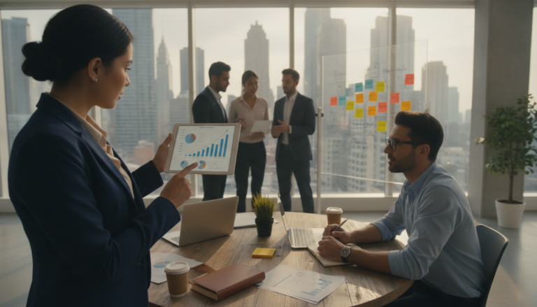 A bustling office environment showcasing a team of diverse professionals collaborating on business growth strategies. In the foreground, a woman in a smart blazer points to a digital tablet displaying charts and graphs, while a man in a neat shirt takes notes. In the middle ground, a whiteboard filled with colorful diagrams and sticky notes illustrates various growth strategies. The background features city skyline views through large windows, conveying a sense of ambition and opportunity. Soft, natural light streams in, creating an inviting and energetic atmosphere. Use a wide-angle lens to capture the dynamism of the space and the interactions among the team members, emphasizing collaboration and innovation in the process of growing a small business online.