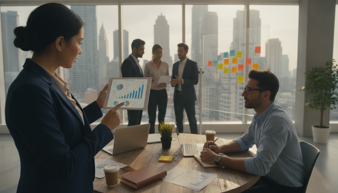 A bustling office environment showcasing a team of diverse professionals collaborating on business growth strategies. In the foreground, a woman in a smart blazer points to a digital tablet displaying charts and graphs, while a man in a neat shirt takes notes. In the middle ground, a whiteboard filled with colorful diagrams and sticky notes illustrates various growth strategies. The background features city skyline views through large windows, conveying a sense of ambition and opportunity. Soft, natural light streams in, creating an inviting and energetic atmosphere. Use a wide-angle lens to capture the dynamism of the space and the interactions among the team members, emphasizing collaboration and innovation in the process of growing a small business online.