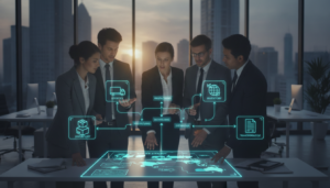 A comprehensive supply chain management overview depicted in a professional and visually engaging manner. In the foreground, a diverse group of business professionals, including men and women in smart business attire, are gathered around a large digital screen displaying a detailed flowchart of supply chain processes. The middle layer features translucent icons representing logistics, inventory, transportation, and procurement, intricately connected with arrows to symbolize the flow of goods and information. In the background, a modern office setting with large windows allowing natural light to filter in, creating a bright and optimistic atmosphere. The camera angle is slightly elevated, capturing the action and interaction among the team, highlighting collaboration and efficiency in the supply chain management process.