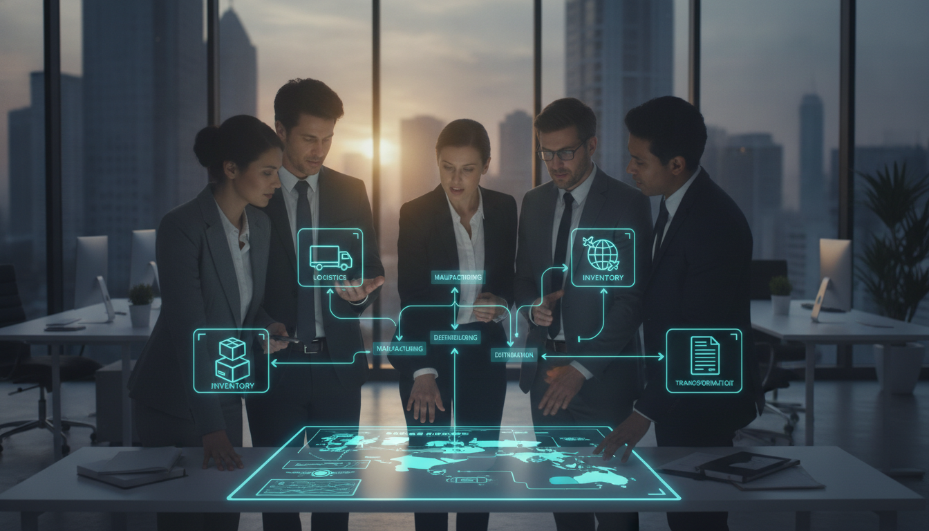 A comprehensive supply chain management overview depicted in a professional and visually engaging manner. In the foreground, a diverse group of business professionals, including men and women in smart business attire, are gathered around a large digital screen displaying a detailed flowchart of supply chain processes. The middle layer features translucent icons representing logistics, inventory, transportation, and procurement, intricately connected with arrows to symbolize the flow of goods and information. In the background, a modern office setting with large windows allowing natural light to filter in, creating a bright and optimistic atmosphere. The camera angle is slightly elevated, capturing the action and interaction among the team, highlighting collaboration and efficiency in the supply chain management process.
