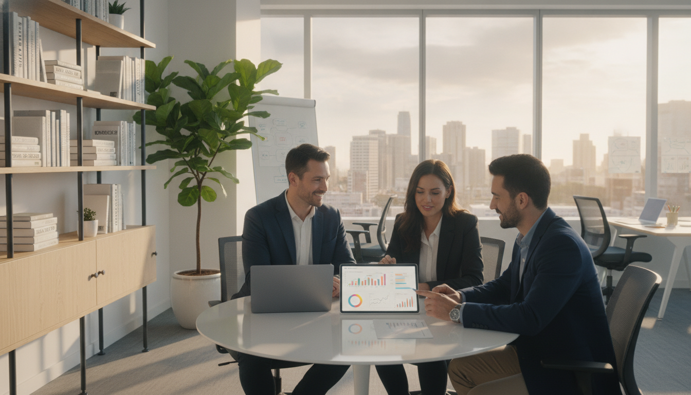 A modern and inviting office environment, showcasing a small business setup with a focus on CRM systems. In the foreground, a diverse group of three professionals in smart business attire, engaged around a sleek, round table with laptops and a digital tablet displaying CRM software statistics. In the middle ground, shelves filled with books on sales techniques and organizational tools, along with a potted plant adding a touch of greenery. The background features a large window letting in warm natural light, illuminating the workspace and creating an atmosphere of productivity and collaboration. The scene conveys a sense of innovation and growth, highlighting the benefits of using a CRM for enhancing sales. Bright, clear colors with an emphasis on professionalism and positivity.
