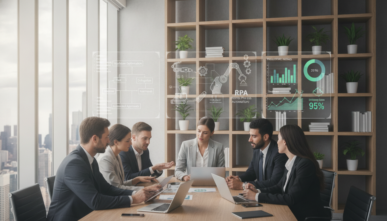 A modern office setting showcasing various business automation ideas to enhance productivity. In the foreground, a diverse group of professionals in business attire brainstorm around a conference table, engaged in a discussion with digital tablets and laptops. The middle layer features visual representations of automation concepts, such as flowcharts, robotic process automation (RPA) icons, and a digital dashboard displaying productivity metrics. Soft, natural lighting filters through large windows, creating a bright and inviting atmosphere. In the background, shelves with plants and books add a touch of warmth to the scene, while a modern cityscape is visible beyond the windows, symbolizing innovation and forward-thinking. The image captures a dynamic yet professional mood, perfect for illustrating business automation concepts.