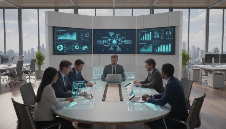 A modern office space filled with advanced technology showcasing business automation ideas. In the foreground, a diverse group of professionals in business attire collaborates around a sleek conference table, analyzing data on digital tablets and laptops. In the middle ground, wall-mounted screens display automated workflows, charts, and graphs, symbolizing efficiency and productivity. The background features a bright, well-lit office with large windows revealing a city skyline. Soft, natural light floods the room, creating an inspiring and optimistic mood. Use a wide-angle lens to capture the open layout and dynamic atmosphere, emphasizing innovation and teamwork. The overall image should evoke a sense of progress and a streamlined workflow.
