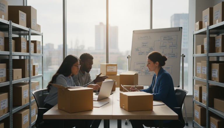 A professional setting depicting "Logistics Management for Small Business," featuring a busy small office environment. In the foreground, a diverse group of three individuals in smart business attire collaborates around a table cluttered with shipping boxes, a laptop, and a whiteboard filled with logistics diagrams. In the middle ground, shelves stocked with inventory and labels highlight organization and efficiency. The background showcases a large window allowing natural light to flood in, creating a bright and optimistic atmosphere. The room is neatly arranged, exuding professionalism and clarity. The mood is focused and productive, captured with a 35mm lens, presenting a slight depth of field to emphasize the group while softly blurring the background.