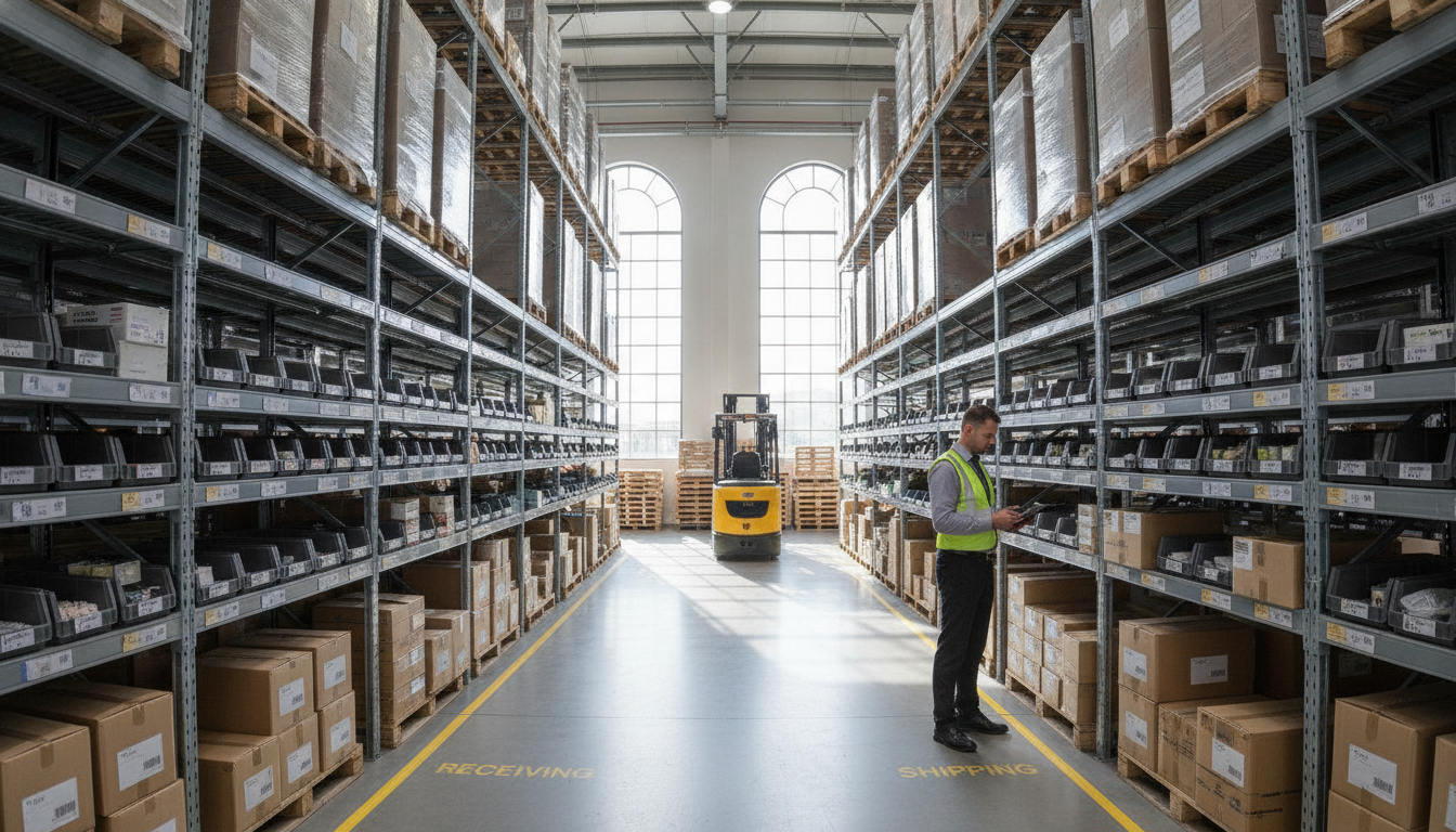 A spacious, modern warehouse interior showcasing organized storage solutions for maximizing space and efficiency. In the foreground, neatly arranged shelves filled with labeled bins, boxes, and pallets. In the middle ground, a forklift maneuvering between rows of high shelves stacked with goods, while an employee in professional attire inspects inventory. In the background, large windows allow natural light to illuminate the space, highlighting clear pathways and well-defined zones for receiving, storing, and shipping products. The atmosphere is efficient and organized, with a strong sense of productivity. The lens captures a wide-angle perspective to emphasize the scale and orderliness of the warehouse, creating a bright and inviting environment.