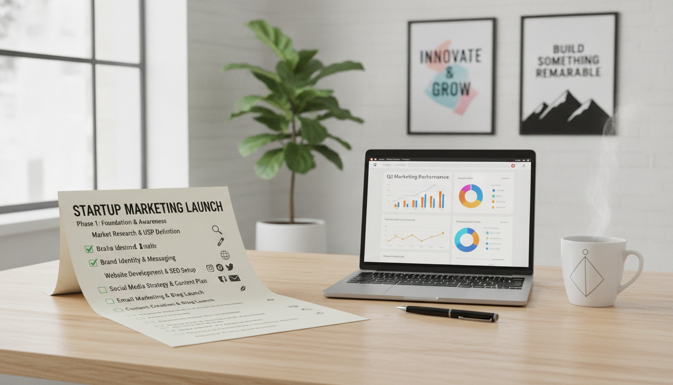 A stylish and modern startup marketing checklist displayed on a wooden desk, with an open laptop showing marketing analytics on the screen. In the foreground, the checklist is neatly arranged with bullet points, using a combination of clear text and icons that represent various marketing strategies like social media, SEO, and email campaigns. In the middle ground, a pen and a coffee cup add a personal touch, emphasizing productivity. The background features a bright window with natural light streaming in, illuminating a plant and motivational posters, creating a vibrant and inspiring atmosphere. The overall mood exudes professionalism and creativity, showcasing the essence of startup culture.