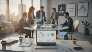 A vibrant and engaging workspace showcasing the best AI tools for small business marketing in 2024. In the foreground, a sleek modern desk with a laptop displaying marketing analytics, surrounded by colorful charts and graphs. In the middle ground, a diverse group of professionals—two men and two women—dressed in smart business attire, collaborating over digital marketing strategies. The background features a bright office environment with large windows letting in warm natural light, and inspirational posters highlighting innovation and growth. The mood is one of creativity and productivity, emphasizing teamwork and cutting-edge technology. Utilize a wide-angle lens effect to capture the entire scene, adding depth and dynamism to the composition.