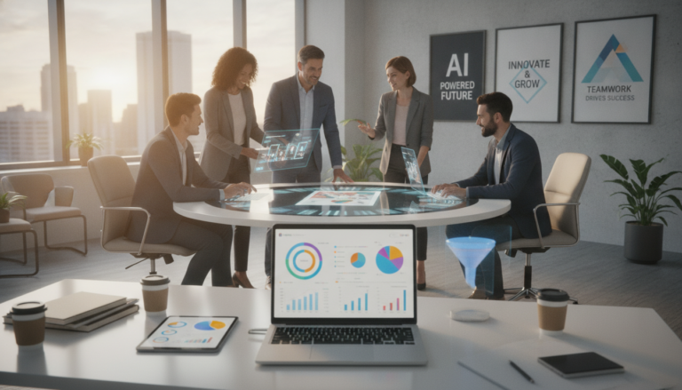 A vibrant and engaging workspace showcasing the best AI tools for small business marketing in 2024. In the foreground, a sleek modern desk with a laptop displaying marketing analytics, surrounded by colorful charts and graphs. In the middle ground, a diverse group of professionals—two men and two women—dressed in smart business attire, collaborating over digital marketing strategies. The background features a bright office environment with large windows letting in warm natural light, and inspirational posters highlighting innovation and growth. The mood is one of creativity and productivity, emphasizing teamwork and cutting-edge technology. Utilize a wide-angle lens effect to capture the entire scene, adding depth and dynamism to the composition.