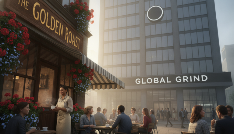 A vibrant street scene illustrating the competition between a small, quaint coffee shop and a large, corporate coffee chain. In the foreground, the small coffee shop, adorned with colorful signage and flower pots, has a friendly barista in professional attire serving a customer. The middle ground features a bustling patio filled with patrons enjoying their drinks, highlighting a community atmosphere. In the background, the imposing facade of the big brand’s store looms, with a stark, gray design contrasting the warm colors of the small business. Soft morning light casts a golden hue on the scene, emphasizing a hopeful, thriving environment. The perspective is slightly low-angle, showcasing both the small shop's charm and the large brand's dominance, creating a dynamic tension between them.