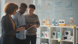 A visually engaging office scene showcasing effective inventory management strategies for startups. In the foreground, a diverse group of three professionals (a woman and two men) are analyzing inventory on a tablet, dressed in smart casual attire, with focused expressions. The middle layer features shelves stocked with neatly organized products, indicating efficiency and proper categorization. A large whiteboard in the background displays colorful charts and graphs representing inventory data and strategies. Soft natural lighting streams in from a window, creating an inviting atmosphere. The scene conveys a sense of productivity and teamwork, emphasizing the importance of smart inventory practices for startups to save time and money.