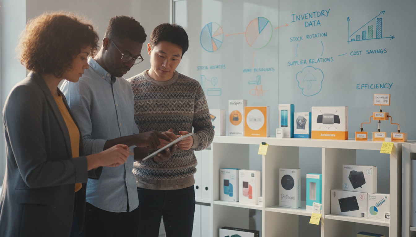 A visually engaging office scene showcasing effective inventory management strategies for startups. In the foreground, a diverse group of three professionals (a woman and two men) are analyzing inventory on a tablet, dressed in smart casual attire, with focused expressions. The middle layer features shelves stocked with neatly organized products, indicating efficiency and proper categorization. A large whiteboard in the background displays colorful charts and graphs representing inventory data and strategies. Soft natural lighting streams in from a window, creating an inviting atmosphere. The scene conveys a sense of productivity and teamwork, emphasizing the importance of smart inventory practices for startups to save time and money.
