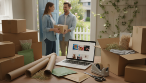 A visually engaging representation of "Ecommerce Packaging Tips" designed for an informative article. In the foreground, showcase a variety of shipping boxes and eco-friendly packaging materials, like kraft paper and biodegradable fillers, arranged aesthetically. The middle ground features a well-organized workspace with elements such as a laptop displaying a business website, tape dispenser, and a pair of scissors, suggesting an active packing environment. The background displays a cheerful customer receiving a carefully packed parcel at their doorstep, with a pleasant garden setting. Soft, natural lighting illuminates the scene, creating an inviting and professional atmosphere. The image captures a balance of practicality and creativity, embodying the essence of enhancing customer experience through thoughtful packaging. The composition is clear and focused, without any text elements or distractions.