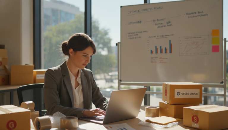 A visually engaging scene depicting a small business owner analyzing shipping costs at a bright, modern workspace. In the foreground, the owner, a woman in professional attire, is focused on a laptop displaying graphs and shipping rates. Surrounding her are shipping boxes and packing materials, showcasing a vibrant and organized working atmosphere. The middle ground features a large whiteboard filled with charts and sticky notes outlining shipping strategies and budgets. The background should include a window allowing natural light to flood the room, creating a warm and inviting ambiance. The overall mood should reflect determination and professionalism, emphasizing the importance of managing shipping costs effectively for small businesses. The lighting should be bright and airy, with a soft focus on the background to draw attention to the owner.