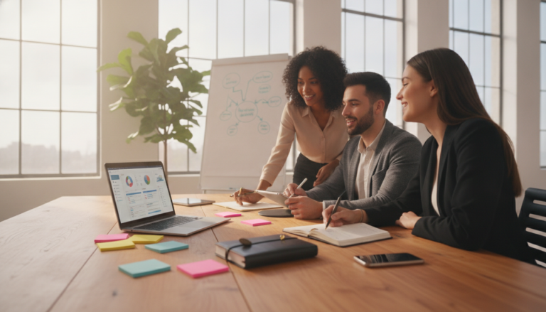 A visually engaging workspace illustrating essential tools for startups. In the foreground, a polished wooden desk holds a modern laptop displaying project management software, alongside colorful sticky notes, a sleek planner, and a smartphone. The middle layer features a diverse group of professionals in business attire, collaborating enthusiastically, one pointing at the laptop screen, while another takes notes. In the background, a bright, collaborative office space with large windows showcases a whiteboard filled with brainstorming ideas and a large potted plant, creating a fresh and motivating atmosphere. Soft, natural lighting enhances the scene, with a slightly angled perspective to invite viewers into the dynamic startup environment. The overall mood is focused, energetic, and inspired, embodying the spirit of innovation and teamwork.