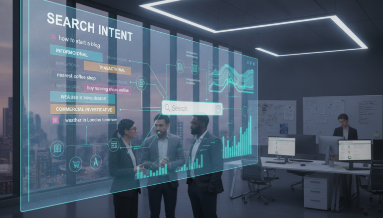 A detailed and informative illustration depicting the concept of "Search Intent" and "SEO Strategies." In the foreground, a diverse group of professionals in business attire, including a woman of Asian descent and a man of African descent, are engaged in discussions around a large digital screen displaying various keywords and search queries. In the middle ground, an abstract representation of a search engine interface with dynamic graphs and flowcharts, symbolizing different search intents like informational, navigational, and transactional. The background features a modern office environment with bright LED lighting, creating a collaborative atmosphere. The composition should evoke a sense of innovation and strategic thinking, with a focus on optimizing digital content for various user intents, using a slightly elevated angle to capture the interaction between the people and the screen effectively.