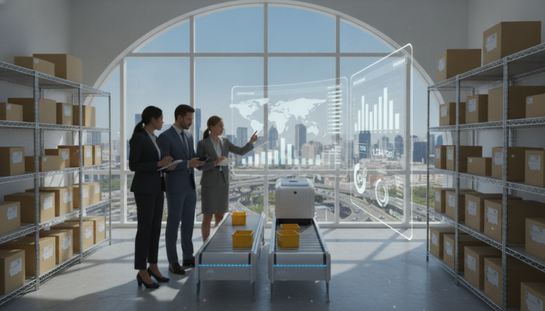 A detailed and organized overview of ecommerce fulfillment strategies. In the foreground, a diverse group of three professionals in business attire stand around a large digital dashboard displaying key metrics related to fulfillment operations, such as shipping times, inventory levels, and order processing stats. In the middle ground, shelves stocked with various packages and a futuristic robotic sorting machine illustrate the modern warehouse environment. The background features a large window showing a bustling cityscape, indicating a thriving ecommerce ecosystem. Soft, natural lighting streams through the window, casting gentle shadows, while the overall atmosphere is one of innovation and collaboration, emphasizing productivity and strategic thinking in ecommerce fulfillment. The camera angle is slightly elevated, providing a comprehensive view of the dynamic workspace.