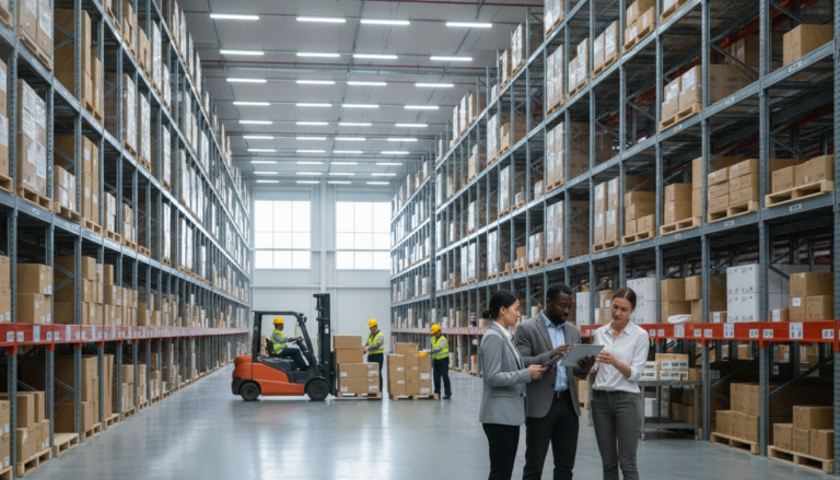 A modern warehouse interior filled with organized shelving units and neatly stacked boxes, illustrating efficiency in action. In the foreground, a diverse group of three professionals in business attire, a woman of Asian descent, a Black man, and a Caucasian woman, are discussing strategies while pointing at a digital tablet. The middle ground features workers efficiently operating a forklift and packing items for shipment. In the background, bright LED lighting enhances the clean, spacious environment, with large windows allowing natural light to stream in. The atmosphere is dynamic and focused, reflecting a culture of productivity and teamwork. The perspective is slightly elevated, capturing the full expanse of the warehouse layout, emphasizing both organization and activity.