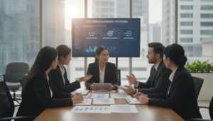 A professional small business meeting scene focused on customer retention strategies. In the foreground, a diverse group of business professionals, dressed in smart business attire, are engaged in a dynamic discussion around a table filled with charts and graphs depicting customer retention metrics. In the middle, a large digital screen displays creative customer engagement strategies—loyalty programs, personalized marketing, and feedback loops. The background features a modern office environment with large windows allowing natural light to stream in, creating a warm and inviting atmosphere. The mood is collaborative and focused, emphasizing innovation and strategic thinking. Shot with a soft focus lens to enhance the sense of teamwork and professionalism.