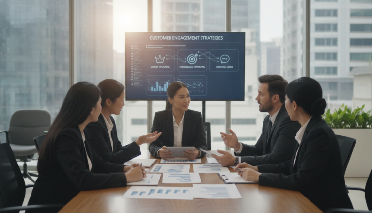A professional small business meeting scene focused on customer retention strategies. In the foreground, a diverse group of business professionals, dressed in smart business attire, are engaged in a dynamic discussion around a table filled with charts and graphs depicting customer retention metrics. In the middle, a large digital screen displays creative customer engagement strategies—loyalty programs, personalized marketing, and feedback loops. The background features a modern office environment with large windows allowing natural light to stream in, creating a warm and inviting atmosphere. The mood is collaborative and focused, emphasizing innovation and strategic thinking. Shot with a soft focus lens to enhance the sense of teamwork and professionalism.