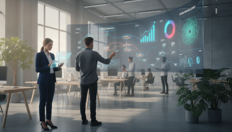 A sleek, modern office environment featuring a diverse group of professionals engaged with various business process automation tools. In the foreground, a woman in business attire is analyzing data on a tablet, while a man in smart casual clothes discusses workflows displayed on a large screen in the middle. In the background, a virtual dashboard is illuminated, showcasing graphs and automation features in vibrant colors. Soft, natural lighting filters through large windows, casting a warm glow and creating an inviting atmosphere. The focus is on collaboration and innovation, emphasizing the efficiency of automation tools. The composition should have a wide-angle perspective to capture the full scene, with a clean, organized layout that represents a dynamic business setting.
