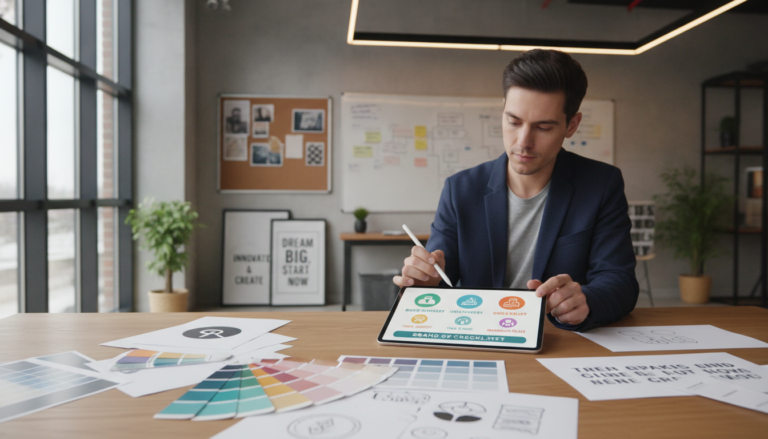 A stylish workspace showcasing a vibrant startup branding checklist. In the foreground, a sleek wooden desk is neatly organized with design materials including color swatches, typography samples, and logo drafts. A digital tablet displays a visual layout of the checklist items. In the middle, a professional in smart casual attire, with a thoughtful expression, is working intently on the tablet. The background features a bright, well-lit office space adorned with motivational posters and creative mood boards, reflecting a productive atmosphere. Soft natural light streams through large windows, enhancing the inviting ambiance. The overall mood is focused and inspiring, perfect for capturing the essence of startup branding success.
