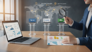 A vibrant and informative illustration showcasing various shipping carrier options. In the foreground, a sleek, modern office desk features a laptop with an open shipping management software interface. To one side, a professional in business attire is analyzing shipping carrier brochures, highlighting different options. In the middle ground, visualize a selection of shipping containers—representing different carriers—displayed in clear glass cases, with logos and details visible. The background should feature a timeline of logistical paths, such as air, sea, and land routes, illustrated with a world map and arrows depicting efficient delivery options. Bright, natural lighting comes from a large window, creating an optimistic and professional atmosphere that conveys the importance of smart shipping choices for time and cost savings.