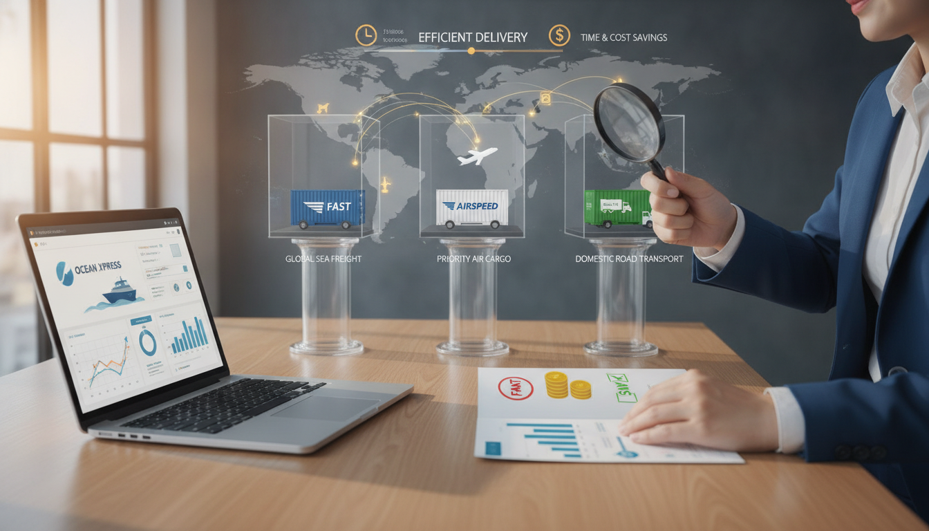 A vibrant and informative illustration showcasing various shipping carrier options. In the foreground, a sleek, modern office desk features a laptop with an open shipping management software interface. To one side, a professional in business attire is analyzing shipping carrier brochures, highlighting different options. In the middle ground, visualize a selection of shipping containers—representing different carriers—displayed in clear glass cases, with logos and details visible. The background should feature a timeline of logistical paths, such as air, sea, and land routes, illustrated with a world map and arrows depicting efficient delivery options. Bright, natural lighting comes from a large window, creating an optimistic and professional atmosphere that conveys the importance of smart shipping choices for time and cost savings.