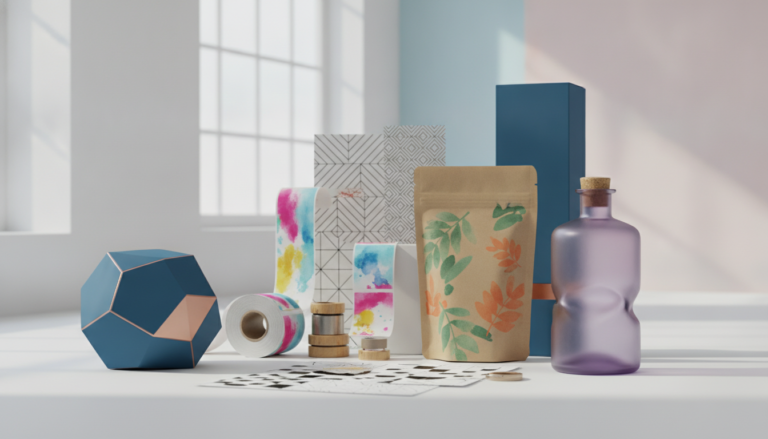 A visually striking concept for product packaging design tips, featuring a variety of unique, eye-catching package designs arranged in an elegant layout. In the foreground, showcase a selection of imaginative packaging examples such as geometric boxes, eco-friendly pouches, and striking bottles, all displaying vibrant colors and textures. In the middle layer, include design elements like colorful labels, modern patterns, and innovative closures. The background should feature a soft, light-filled studio setting with white and pastel tones to enhance the colorful packaging. Use soft, diffused lighting to create a pleasant atmosphere, emphasizing the creativity and professionalism of the packaging. Aim for a polished and inspirational mood that conveys innovation and brand enhancement without any text or logos.