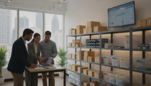 A well-organized inventory management setup in a small business environment. In the foreground, a diverse team of three professionals, dressed in smart casual attire, discussing inventory data over a laptop. In the middle, shelves filled with neatly arranged stock items, clearly labeled bins, and a digital inventory tracking system displayed on a large monitor. In the background, a bright and modern workspace with large windows allowing natural light to pour in, creating a productive atmosphere. Soft ambient lighting enhances the professional mood, while the focus is on collaboration and efficiency. The angle of the image captures the interaction between team members, emphasizing teamwork in improving inventory forecasting.