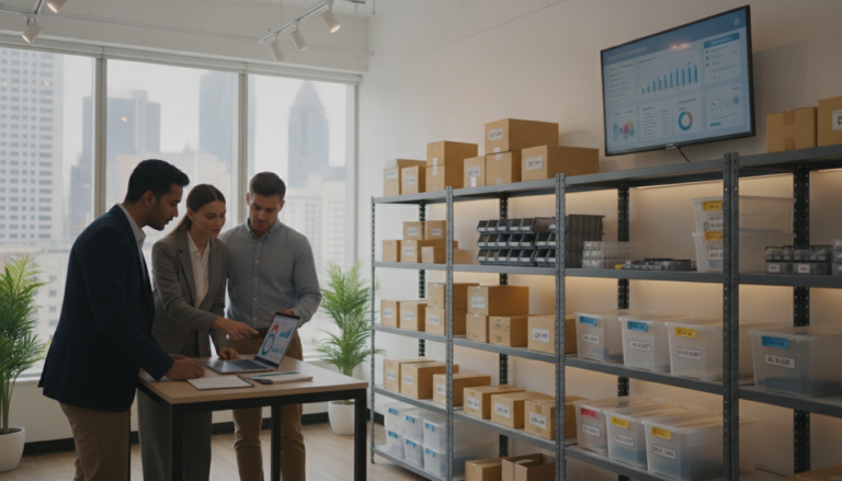 A well-organized inventory management setup in a small business environment. In the foreground, a diverse team of three professionals, dressed in smart casual attire, discussing inventory data over a laptop. In the middle, shelves filled with neatly arranged stock items, clearly labeled bins, and a digital inventory tracking system displayed on a large monitor. In the background, a bright and modern workspace with large windows allowing natural light to pour in, creating a productive atmosphere. Soft ambient lighting enhances the professional mood, while the focus is on collaboration and efficiency. The angle of the image captures the interaction between team members, emphasizing teamwork in improving inventory forecasting.