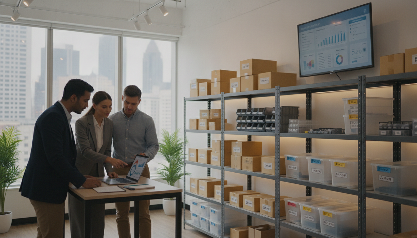A well-organized inventory management setup in a small business environment. In the foreground, a diverse team of three professionals, dressed in smart casual attire, discussing inventory data over a laptop. In the middle, shelves filled with neatly arranged stock items, clearly labeled bins, and a digital inventory tracking system displayed on a large monitor. In the background, a bright and modern workspace with large windows allowing natural light to pour in, creating a productive atmosphere. Soft ambient lighting enhances the professional mood, while the focus is on collaboration and efficiency. The angle of the image captures the interaction between team members, emphasizing teamwork in improving inventory forecasting.