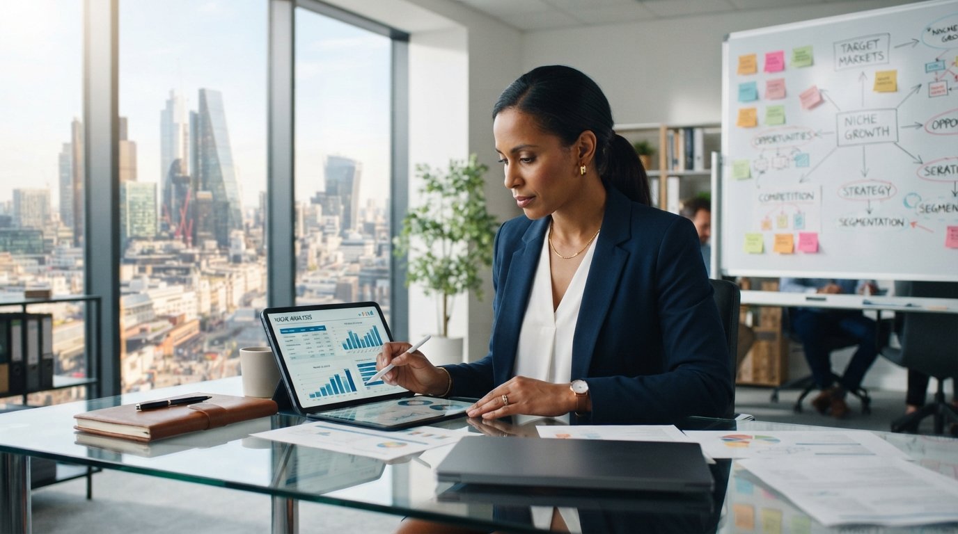 A professional businesswoman in a modern office setting analyzing charts and graphs on a digital tablet, symbolizing niche identification for business success. In the foreground, she is focused and engaged, wearing professional attire, with strategic planning materials scattered on a sleek glass desk. The middle ground features a large window overlooking a vibrant city skyline, representing growth and opportunity. The background includes a whiteboard filled with colorful post-it notes and diagrams depicting various market niches. Soft, natural lighting filters through the window, creating a bright and productive atmosphere. The scene is composed with a slight upward angle to emphasize ambition and success, evoking a mood of determination and clarity.