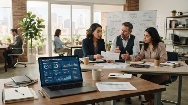 A professional office environment showcasing a detailed overview of niche marketing costs. In the foreground, a modern desk features a sleek laptop displaying colorful charts and graphs related to budget allocations for different marketing strategies, such as social media ads and content creation. The middle ground has a diverse team of three business professionals, dressed in smart casual clothing, collaborating over documents and discussing budgeting strategies, with expression suggesting focused engagement. The background depicts a bright office space with glass windows letting in warm sunlight, plants for a touch of nature, and whiteboards with key marketing terms. Use soft, natural lighting to create an inviting and productive atmosphere, captured from a slightly elevated angle to give a comprehensive view of the scene.