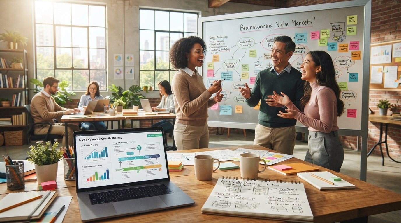 A vibrant and inspiring workspace filled with diverse business concept illustrations. In the foreground, a modern desk with a laptop open, displaying charts and notes. On the desk, a notepad with sketches of unique niche ideas like eco-friendly products, tech startups, and artisanal food. In the middle ground, diverse individuals in professional attire, deep in discussion, brainstorming over a large whiteboard filled with colorful sticky notes and drawings. The background features a bright, airy office environment with large windows, allowing warm sunlight to flood in, enhancing the creative atmosphere. The angle is slightly overhead, capturing the collaborative spirit. The mood is energetic and innovative, depicting a dynamic approach to exploring niche business ideas.