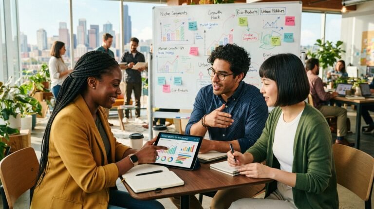 A vibrant office environment showcasing niche marketing growth. In the foreground, a diverse group of three professionals—one Black woman, one Hispanic man, and one East Asian woman—analyzing market data on a digital tablet, all dressed in smart casual business attire. The middle layer features a whiteboard filled with colorful charts, graphs, and sticky notes representing various niche strategies. In the background, large windows allow warm, natural light to flood the room, illuminating a city skyline. The atmosphere is one of collaboration and innovation, with a sense of excitement about discovering new business opportunities. The composition should have a slightly overhead angle to capture both the team and their brainstorming materials vividly.