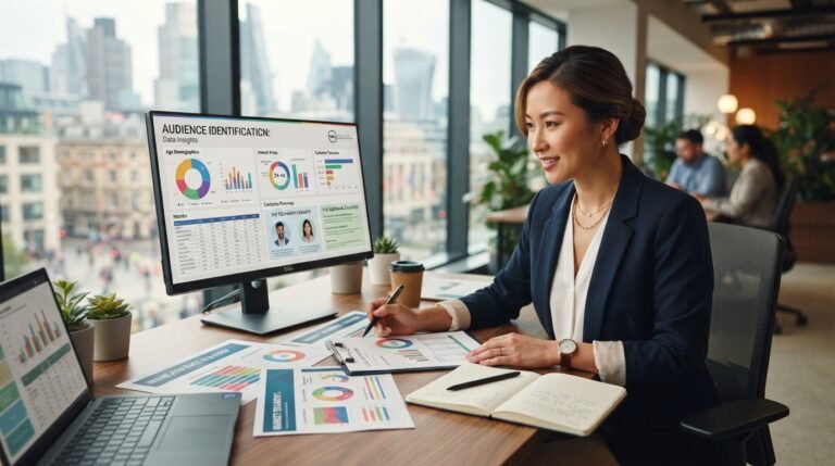 A visually engaging guide to niche audience identification, featuring a confident professional analyzing market data in a modern office setting. In the foreground, the individual wears smart business attire, surrounded by colorful charts and graphs on a sleek desk. The middle ground showcases a bright computer screen displaying audience demographics, engagement stats, and customer personas. In the background, large windows illuminate the room with natural light, revealing a city skyline. The scene conveys a sense of growth and opportunity, with warm tones and a focus on clarity and productivity. Capture this with a slightly elevated angle to emphasize the workspace, utilizing soft focus for background elements to ensure the professional’s activity stands out sharply.