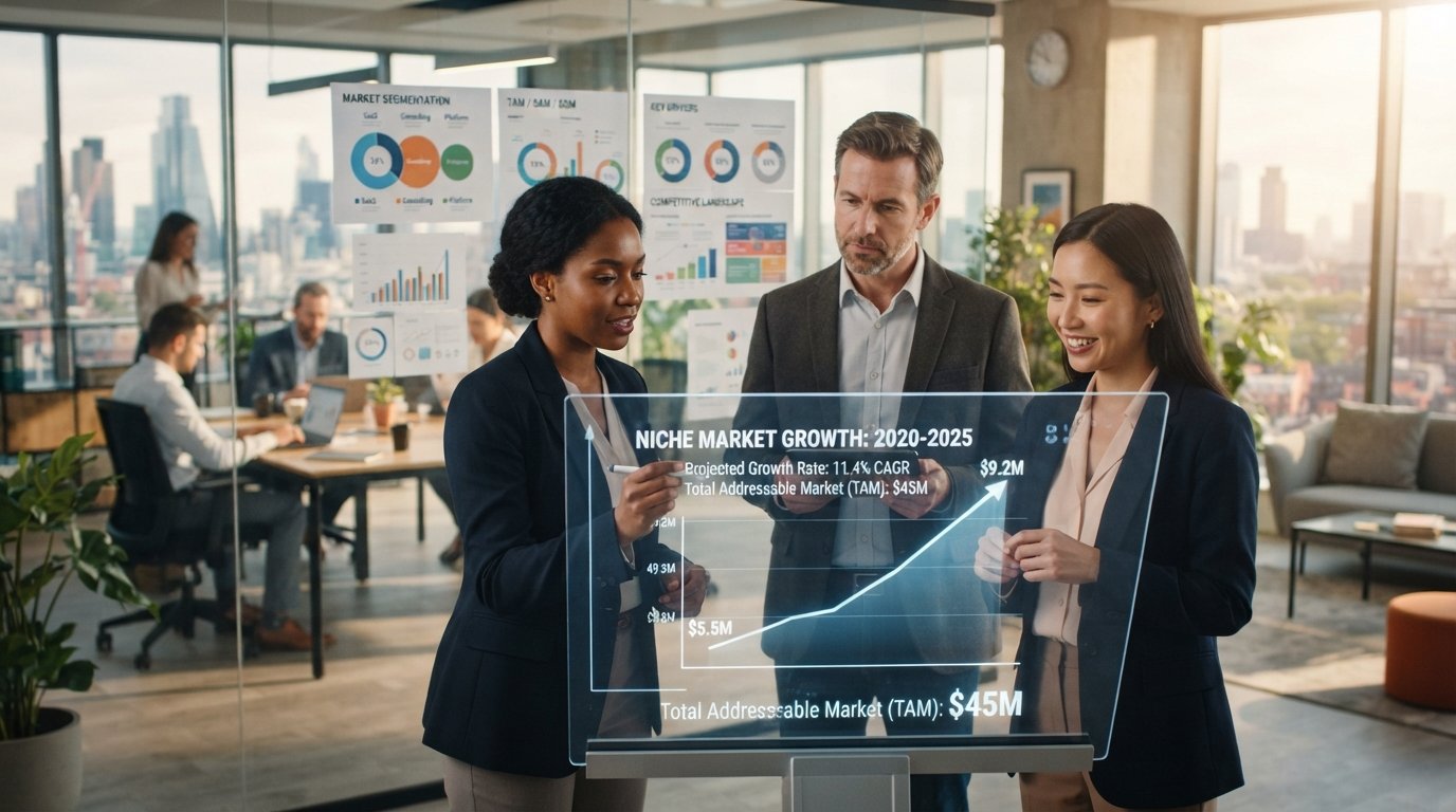 A visually engaging illustration of a niche market size analysis. In the foreground, a diverse group of three professionals in smart business attire are gathered around a large, transparent digital display showing an upward-trending graph, indicating market growth. The middle section features colorful pie charts and bar graphs representing different market segments, with data points clearly visible. The background displays a modern office environment with large windows showcasing a city skyline. Soft, natural lighting filters through, creating a warm and inviting atmosphere. The scene captures a mood of collaboration and thoughtful analysis, emphasizing the strategic importance of estimating market size in business development.