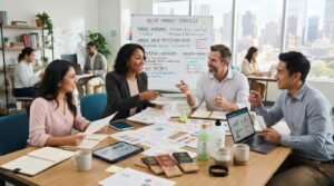 A visually engaging representation of niche business strategies, focused on small, specialized markets. In the foreground, a diverse group of professionals in business attire are brainstormed around a large table filled with charts, graphs, and product models that exemplify various niche products and services, like artisanal chocolates or eco-friendly cleaning supplies. In the middle ground, a vibrant whiteboard displays key strategy concepts like “target audience” and “unique selling proposition.” The background features a modern office space with large windows allowing soft, natural light to illuminate the scene, creating a dynamic, collaborative atmosphere. The composition captures a sense of innovation and strategic planning essential for small business growth.