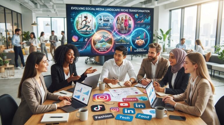 A visually striking representation of the concept of "Changing Niche in Social Media." In the foreground, a diverse group of individuals dressed in professional business attire are engaged in animated discussion, brainstorming ideas around a table laden with social media icons. In the middle ground, a large digital screen displays various niche categories like fitness, fashion, and technology, showcasing vibrant images that intersect and blend into each other. The background features a soft-focus office environment with modern decor, while large windows allow natural light to flood the space, creating an optimistic and energizing atmosphere. Use a wide-angle lens for a dynamic perspective, ensuring the mood conveys inspiration and transformation, capturing the essence of adaptation and growth in the social media landscape.