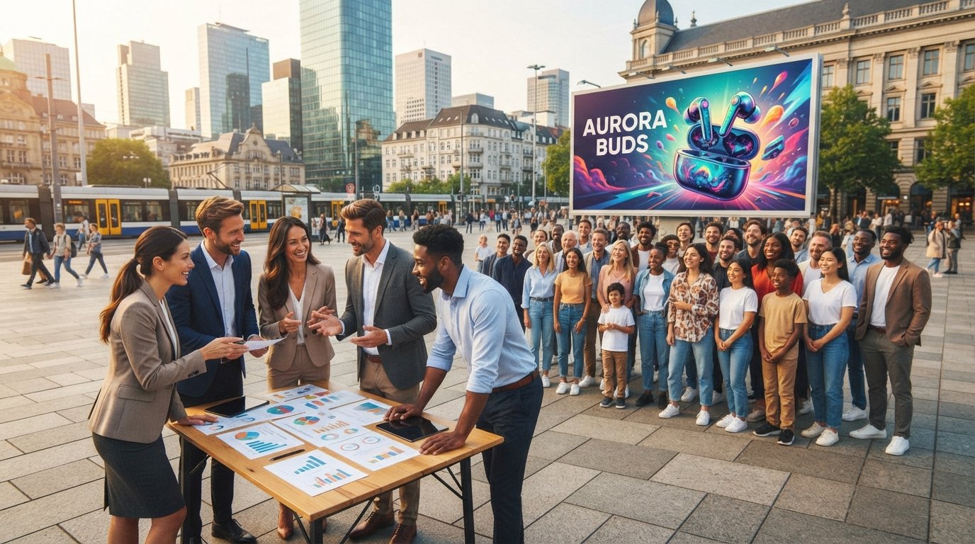 An artistic visualization contrasting niche marketing and mass marketing. In the foreground, display two distinct groups of people; a focused, small team of diverse professionals wearing business attire, collaborating over graphs and charts, symbolizing niche marketing. In the middle, a larger crowd of people, representing diverse demographics, gathering around a vibrant, large billboard advertisement showcasing a popular product, symbolizing mass marketing. The background features a busy city skyline blending modern and classic architecture. Use warm, inviting lighting to create a professional and dynamic atmosphere, emphasizing collaboration and engagement. Lens angle should be wide to capture both groups and convey the diversity of marketing strategies. The mood is positive and motivational, highlighting the benefits of both approaches without any text or distractions.